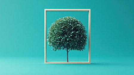 A minimalistic wooden frame showcases a lush green tree against a vibrant background. This artistic piece inspires creativity and tranquility in interior design.の素材