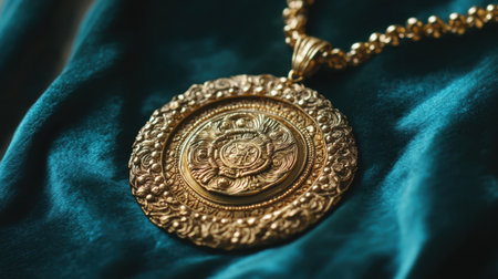 This stunning gold pendant necklace features intricate engraving and detailed design, beautifully showcased on a soft teal fabric background. Ideal for fashion lovers.の素材