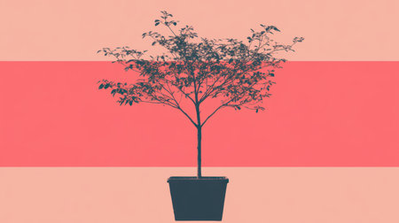 A minimalist potted tree stands against a soft pink background, capturing the essence of nature's beauty and tranquility in a stylish urban setting.の素材