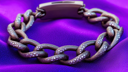 This striking silver chain bracelet features intricate design and sparkling gems, elegantly displayed on a rich purple satin background for a luxurious feel.の素材