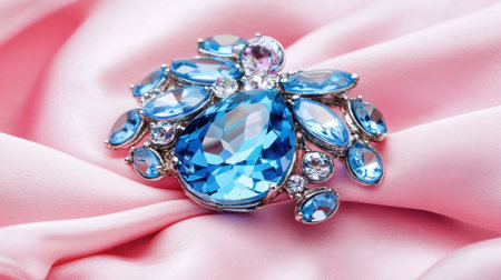 A stunning blue gemstone brooch artistically placed on soft pink silk fabric, radiating elegance and luxury, perfect for fashion enthusiasts and collectors.の素材