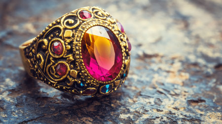 Discover a vintage ornate ring featuring colorful gemstones set in intricate detail, showcasing exquisite craftsmanship on a textured background.の素材