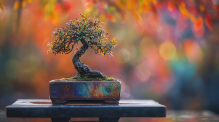 A stunning bonsai tree exhibited in a vibrant pot, set against a colorful blurred background, radiating tranquility and charm, perfect for nature-inspired themes.の素材