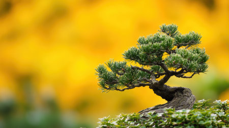 A stunning bonsai tree showcases intricate details and lush green leaves, presented against a bright yellow background, evoking serenity and tranquility.の素材