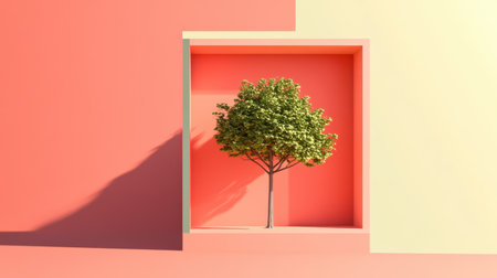 This captivating image features a solitary tree framed within a vibrant niche, showcasing a harmonious blend of soft pastel colors and minimalist design.の素材