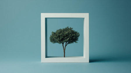 This image showcases a beautifully framed miniature tree, emphasizing nature within a modern artistic context against a soft blue background.の素材