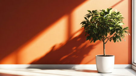 A vibrant indoor potted plant stands against an orange wall, creating a warm and inviting atmosphere. Natural light highlights the lush green leaves and soft shadows, adding depth to the minimalistic space. Perfect for enhancing home decor or showcasing the beauty of nature indoors.の素材