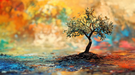 A solitary tree stands resilient against a colorful abstract background, showcasing the beauty and vibrancy of nature in an artistic perspective.の素材