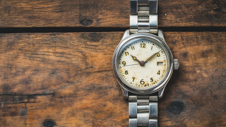 A stunning vintage wristwatch featuring a weathered dial and metal bracelet, elegantly displayed on a rustic wooden surface, perfect for collectors.の素材