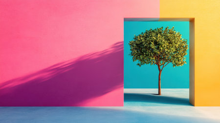 This striking image features a lone tree framed by colorful walls. The interplay of vibrant pink, yellow, and blue creates an eye-catching, surreal scene that merges nature with contemporary design.の素材