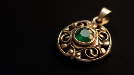A stunning antique pendant featuring a vibrant green gemstone, elegantly crafted in intricate metalwork. Perfect for collectors and jewelry enthusiasts.の素材