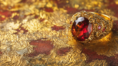 A stunning gold ring featuring a vibrant red gemstone is set against a regal golden background, highlighting intricate design and luxury.の素材