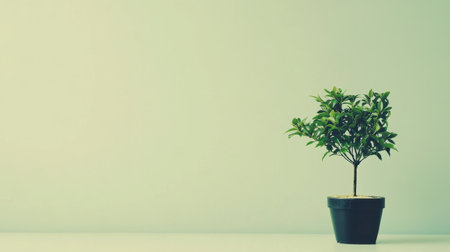 A small potted plant sits gracefully against a soft neutral background, embodying minimalism and tranquility for stylish indoor decor and fresh atmosphere.の素材