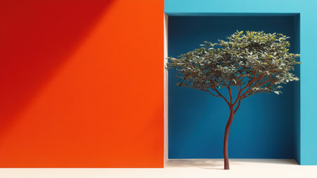 A striking image featuring a single tree set against vivid orange and blue walls. The minimalist design highlights the beauty of nature within a modern space.の素材