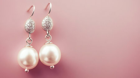 Discover the beauty of elegant pearl earrings set against a soft pink background, showcasing shimmering details and luxurious design ideal for any occasion.の素材