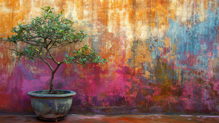 A beautiful bonsai tree in a textured pot stands against a vibrant wall, showcasing an array of warm, colorful patterns that create a serene atmosphere.の素材
