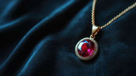 This captivating image features a gold necklace adorned with a stunning red gemstone pendant, displayed on a rich dark fabric, showcasing elegance and luxury.の素材