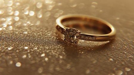 This stunning image captures an elegant diamond engagement ring set in gold, showcasing its brilliance against a soft, glowing background filled with subtle bokeh effects.の素材