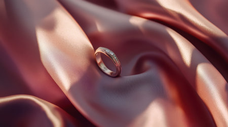 This exquisite silver ring rests on soft satin fabric, capturing elegance and luxury in its design and lighting. Perfect for jewelry or fashion themes.の素材