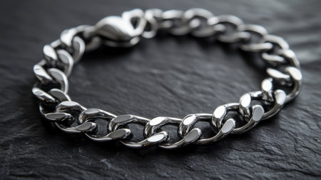 This close-up image features a shiny metal bracelet resting on a dark textured surface, highlighting its exquisite craftsmanship and modern design.の素材