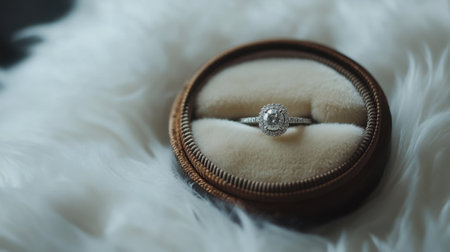A stunning diamond engagement ring is elegantly placed inside a vintage jewelry box, resting on soft fabric, exuding luxury and romance. This exquisite piece captures the essence of timeless beauty and is perfect for symbolizing love and commitment.の素材