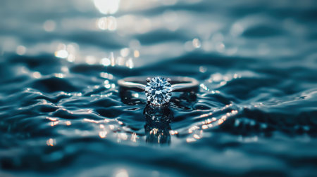 A breathtaking close-up view of a sparkling diamond ring delicately placed on a gentle water surface. The soft reflections and bokeh effects create a tranquil atmosphere, symbolizing elegance and romance. Perfect for jewelry enthusiasts and photographers.の素材