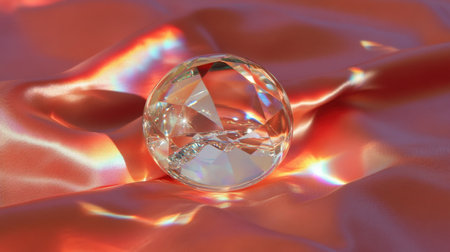 A beautiful clear crystal sphere rests on soft red fabric, reflecting light and creating mesmerizing rainbow highlights, enhancing any decor.の素材