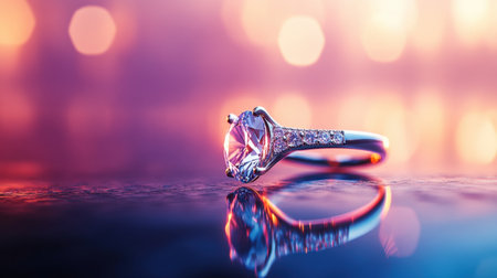 This captivating close-up features a glimmering diamond engagement ring set against a dreamy bokeh background, radiating luxury and romance.の素材