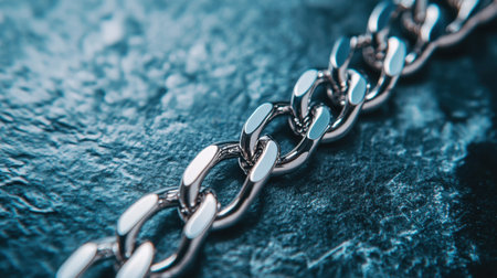 This close-up image features a shiny silver chain link placed on a textured dark surface, showcasing intricate details and reflections, emphasizing elegance and style.の素材