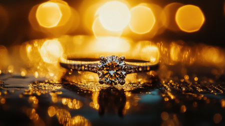 A stunning close-up of a sparkling yellow diamond engagement ring set against a dreamy golden bokeh background, showcasing elegance and beauty.の素材