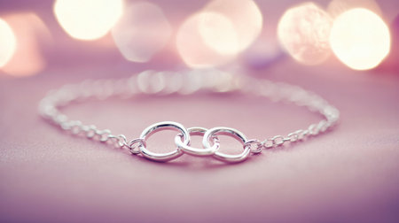 Beautiful silver bracelet featuring interlocking links, set against a soft, blurred background of vibrant bokeh lights, showcasing elegance and style.の素材