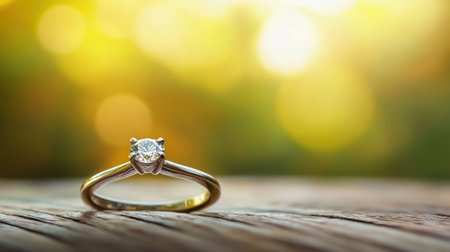 This stunning close-up showcases an elegant diamond ring resting on a wooden surface, highlighted by a soft golden bokeh background, symbolizing love and commitment.の素材