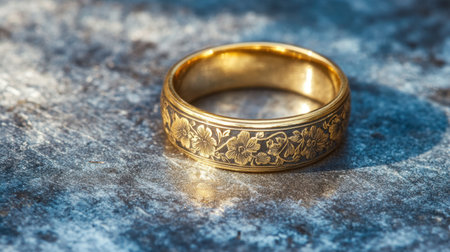 This elegant vintage gold ring features intricate floral patterns and rests on a distressed metallic surface, showcasing its beautiful craftsmanship and timeless appeal.の素材