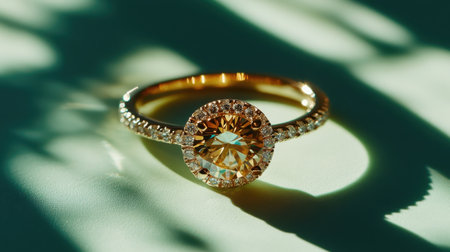 Beautiful gold ring featuring a large round yellow gemstone surrounded by sparkling diamonds, elegantly displayed on a soft surface with shadows.の素材