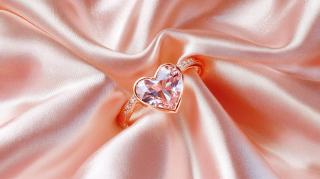 A beautiful heart-shaped pink gemstone ring elegantly placed on a soft satin fabric. This image captures the essence of romance and luxury, highlighting the exquisite details of the jewelry.の素材