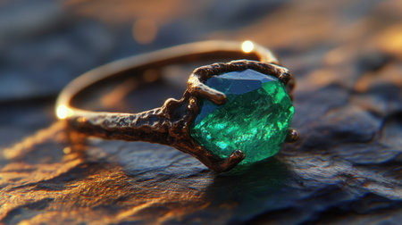 This stunning emerald ring showcases a captivating green gemstone set on a beautifully textured surface, illuminated by warm golden hour light.の素材