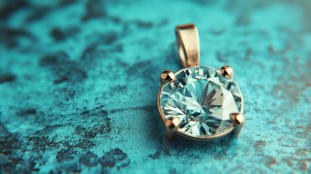 This stunning image features an elegant gold pendant showcasing a round blue gemstone, set against a textured background. The play of light and color highlights the beauty and luxury of the jewelry piece, making it perfect for any fashion-related project.の素材