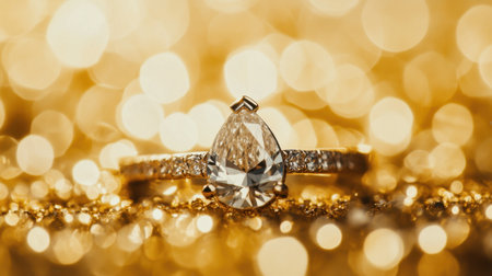 This stunning diamond ring features a pear-shaped cut, exuding elegance and charm against a beautiful golden glitter backdrop, perfect for celebrations.の素材