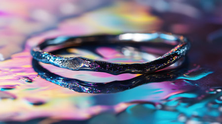 A striking twisted bracelet rests on a vibrant reflective surface, highlighting modern jewelry design and exceptional craftsmanship in a colorful setting.の素材