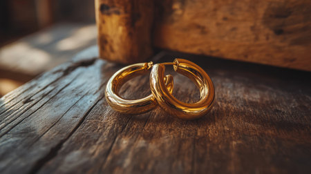 This image showcases a pair of elegant gold hoop earrings resting on a rustic wooden surface, illuminated by soft natural light that enhances their beauty and shine.の素材