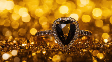 Capture the essence of elegance with this heart-shaped black stone ring, beautifully set against a shimmering golden bokeh background, ideal for luxury themes.の素材