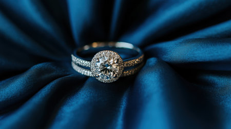 This elegant engagement ring, featuring a dazzling diamond and intricate detailing, rests on a luxurious dark satin background, perfect for jewelry showcases.の素材