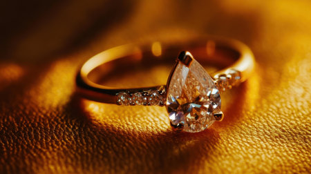 This stunning teardrop diamond ring features a brilliant gold band and sparkling accents, set against a warm golden backdrop, perfect for jewelry lovers.の素材
