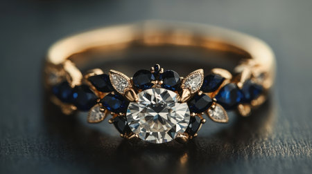 This stunning gold ring features a brilliant diamond centerpiece surrounded by exquisite sapphire accents, showcasing fine craftsmanship and elegance.の素材