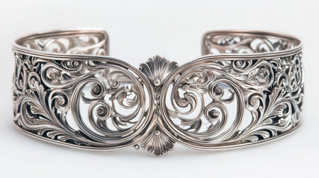 Discover this stunning silver cuff bracelet featuring intricate floral designs and elegant curves, perfect for adding a sophisticated touch to any outfit.の素材