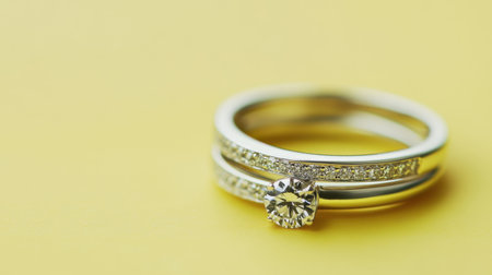 A stunning close-up of wedding and engagement rings showcasing intricate designs and sparkling diamonds against a vibrant yellow backdrop.の素材