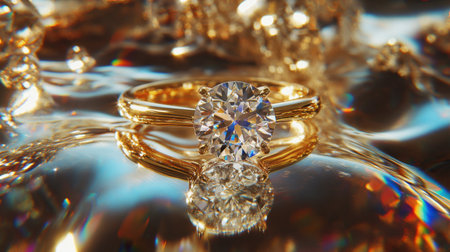 A stunning gold ring featuring a brilliant diamond sparkles against a blurred water surface, surrounded by golden accents, ideal for luxury jewelry displays.の素材