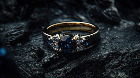 A stunning gold ring featuring sapphires and diamonds, artistically placed on a textured black surface, showcasing luxury and elegance. Perfect for fashion enthusiasts.の素材