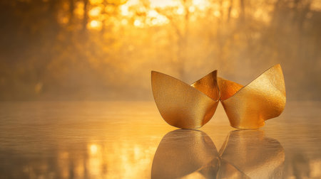 This image features two elegant golden bowls showcasing a beautiful reflection in soft sunrise light, creating a serene and tranquil atmosphere.の素材
