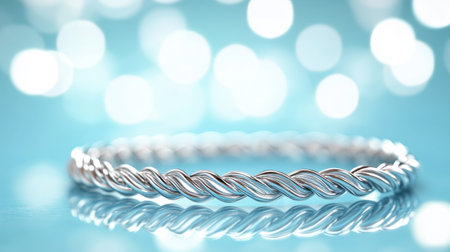 This image features an exquisite silver twisted wire bracelet, elegantly presented against a shimmering bokeh background, perfect for highlighting jewelry fashion.の素材